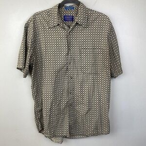 Pendleton Shirt Mens Medium Beige Black Short Sleeve Button Front Geometric‎